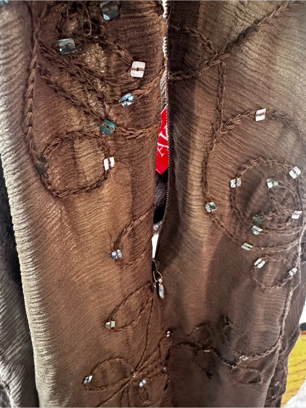 Anne Klein NEW Y2K 100% Silk Sheer Embroidered Sequin Midi Skirt Brown 4 Boho - Picture 9 of 16